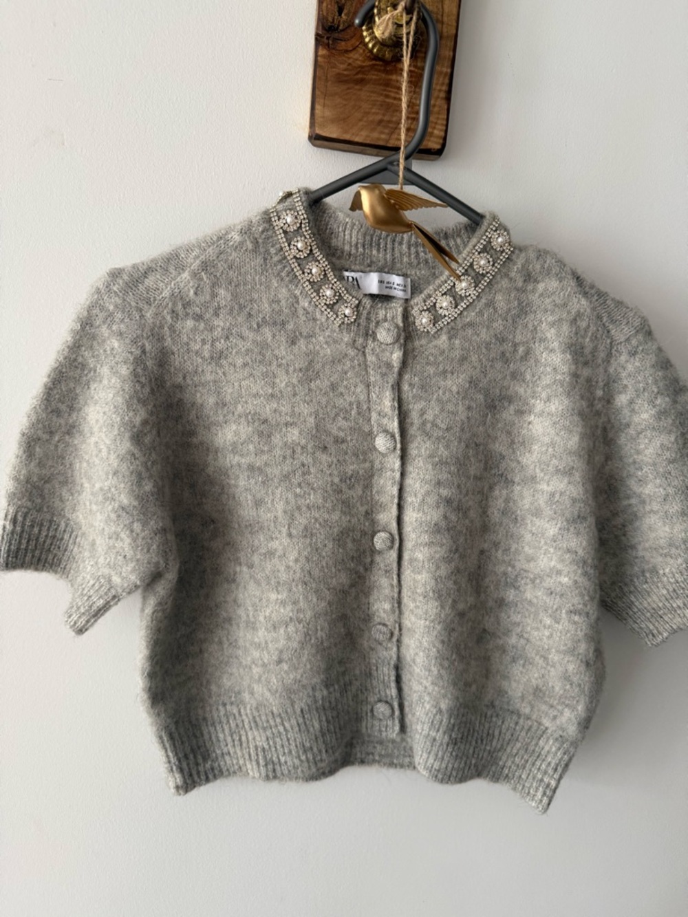 Zara Embellished Collar Short-Sleeve Mohair Blend Cardigan - Gray